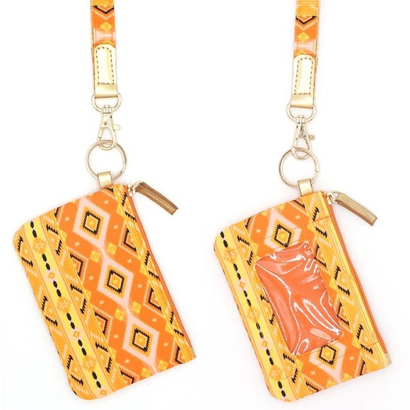 Orange Yellow Southwest Aztec Card ID Holder Keyring Keychain Lanyard - Picture 3 of 4